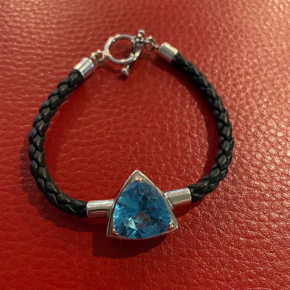 Brand New Blue Topaz Bali Couture 18k Gold Sterling Silver Leather Bracelet